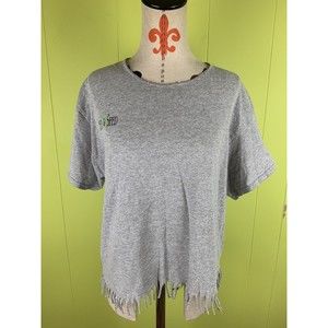 Gildan Women Gray Fringed Boho T-Shift Top Sz L Round Neck Short Sleeve Seamless